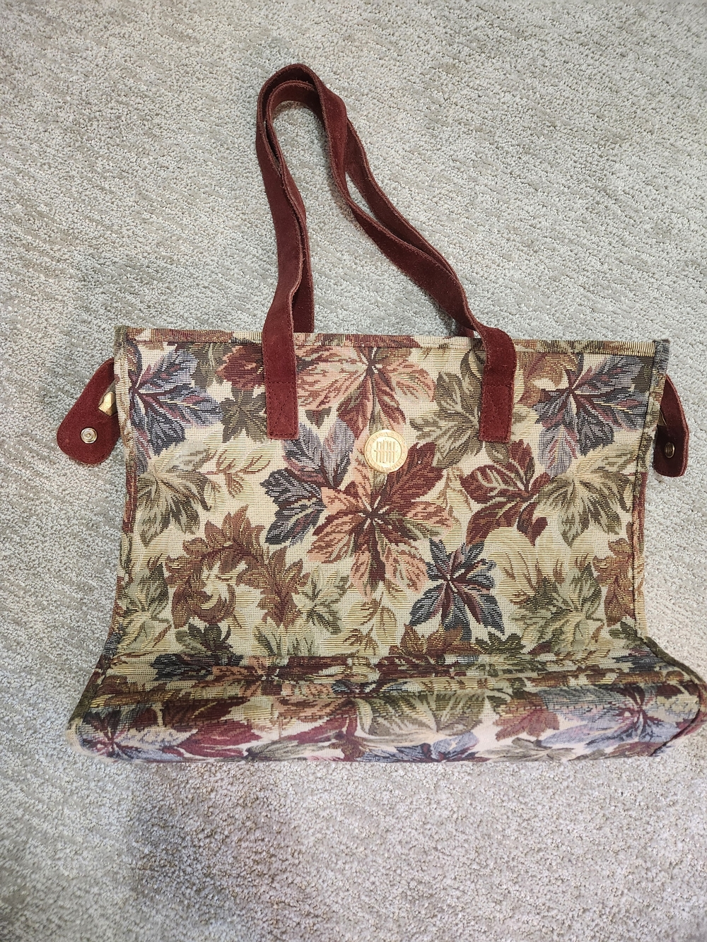 Vintage Ricardo Beverly Hills Tapestry Floral Tote Bag with Rust Suede Handles